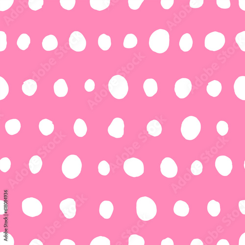 Seamless neutral polka dots pattern. White hand-drawn circles isolated on pink background. Abstract lines of points ornament. Vector illustration for wallpaper, fabric, print, wrapping paper, textile