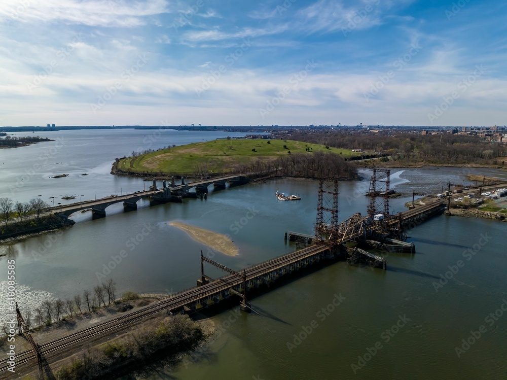 Aerial view over the Pelham Bay Railroad Bridge on a sunny morning in the Bronx, New York