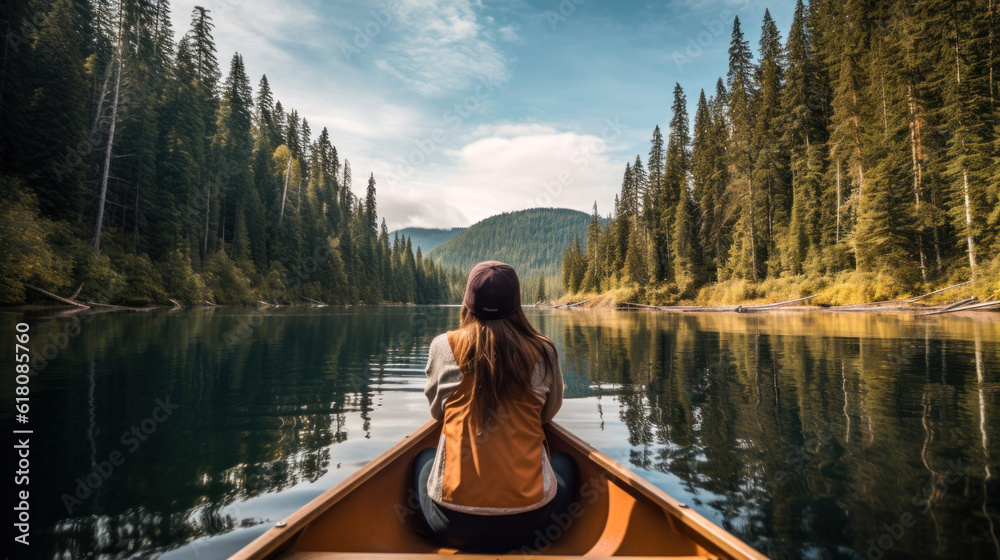 A Young Woman in a Canoe on a Calm Lake Surrounded by Conifer Forest