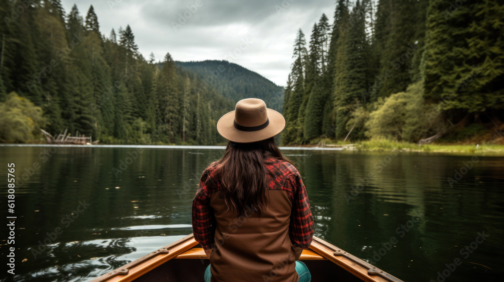 A Young Woman in a Canoe on a Calm Lake Surrounded by Conifer Forest A Young Woman in a Canoe on a Calm Lake Surrounded by Conifer Forest