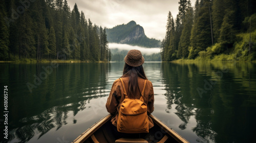 A Young Woman in a Canoe on a Calm Lake Surrounded by Conifer Forest © Eirik Sørstrømmen