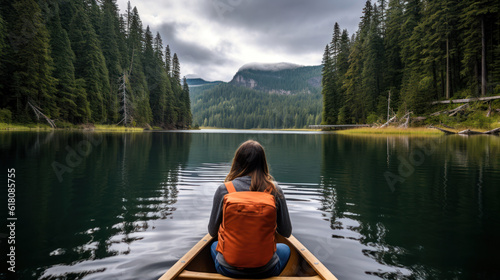 A Young Woman in a Canoe on a Calm Lake Surrounded by Conifer Forest © Eirik Sørstrømmen