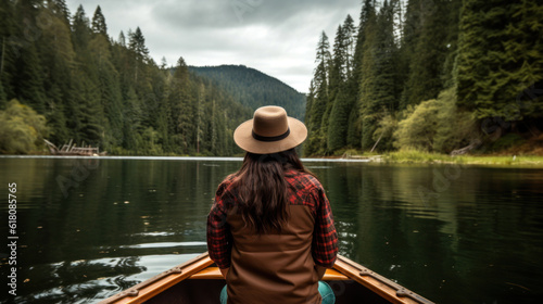 A Young Woman in a Canoe on a Calm Lake Surrounded by Conifer Forest © Eirik Sørstrømmen