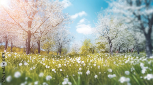 Wallpaper Mural Beautiful blurred spring background nature with blooming glade, trees and blue sky on a sunny day Torontodigital.ca