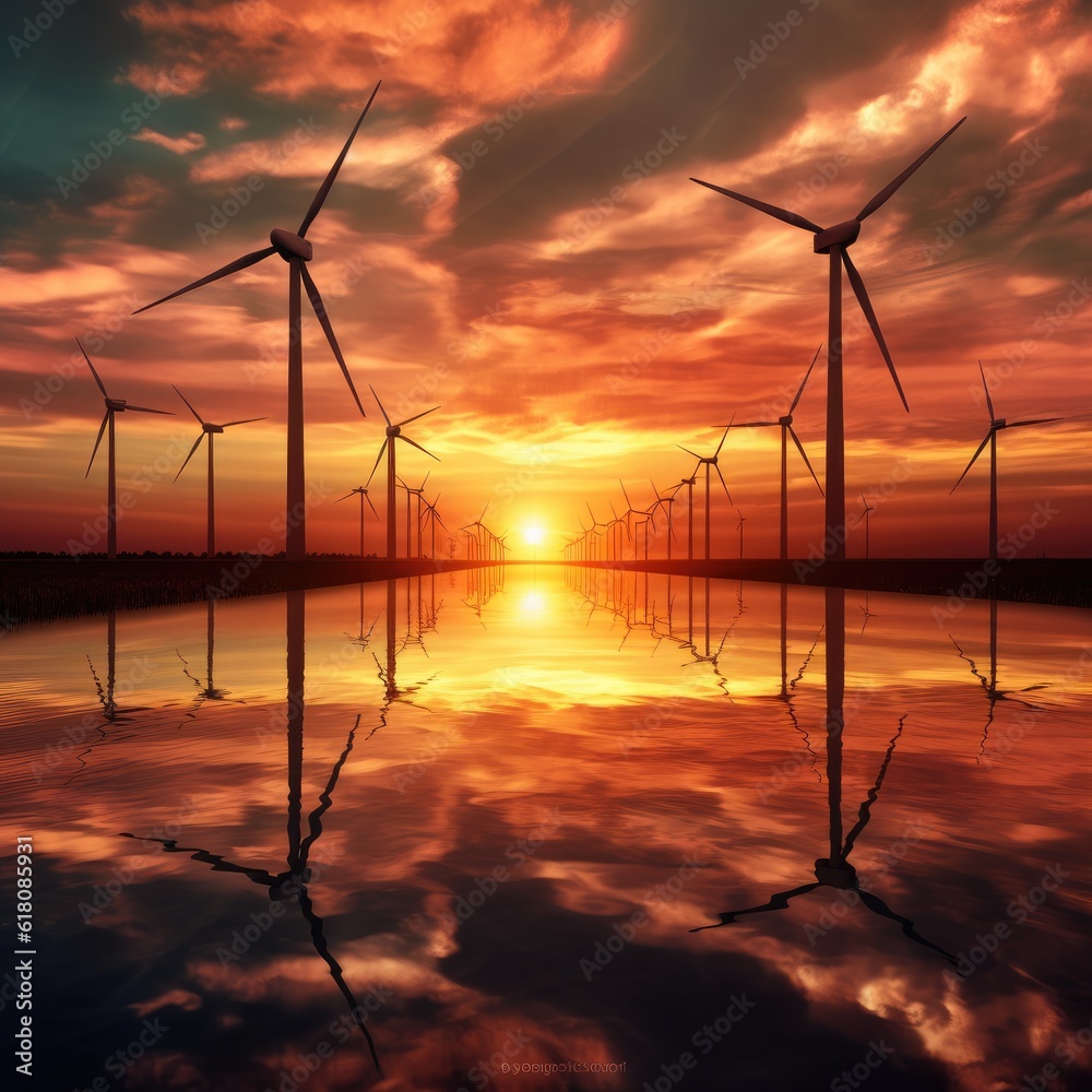 Obraz premium Wind turbine farm with sunset light. Generative Ai.