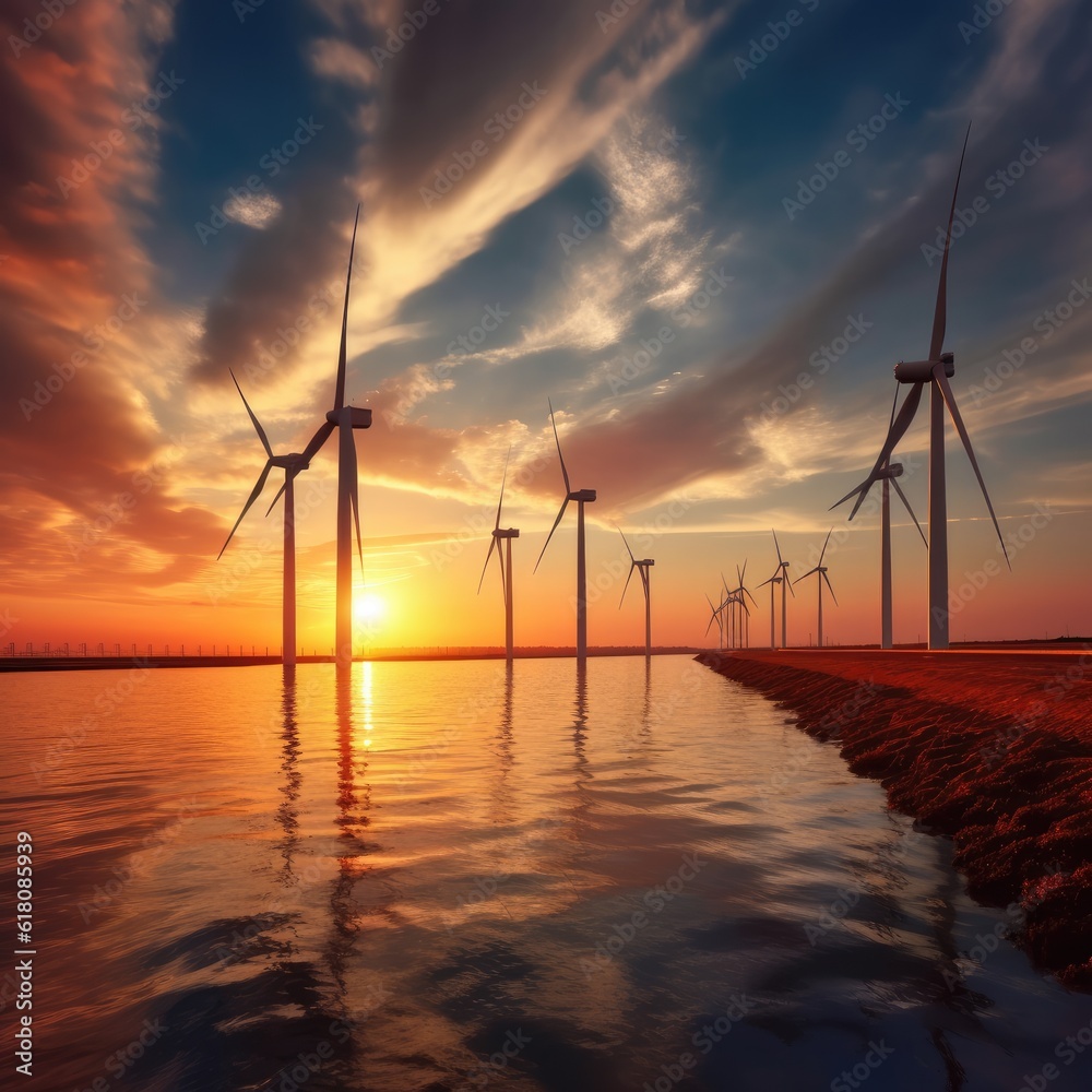  Wind turbine farm with sunset light. Generative Ai.