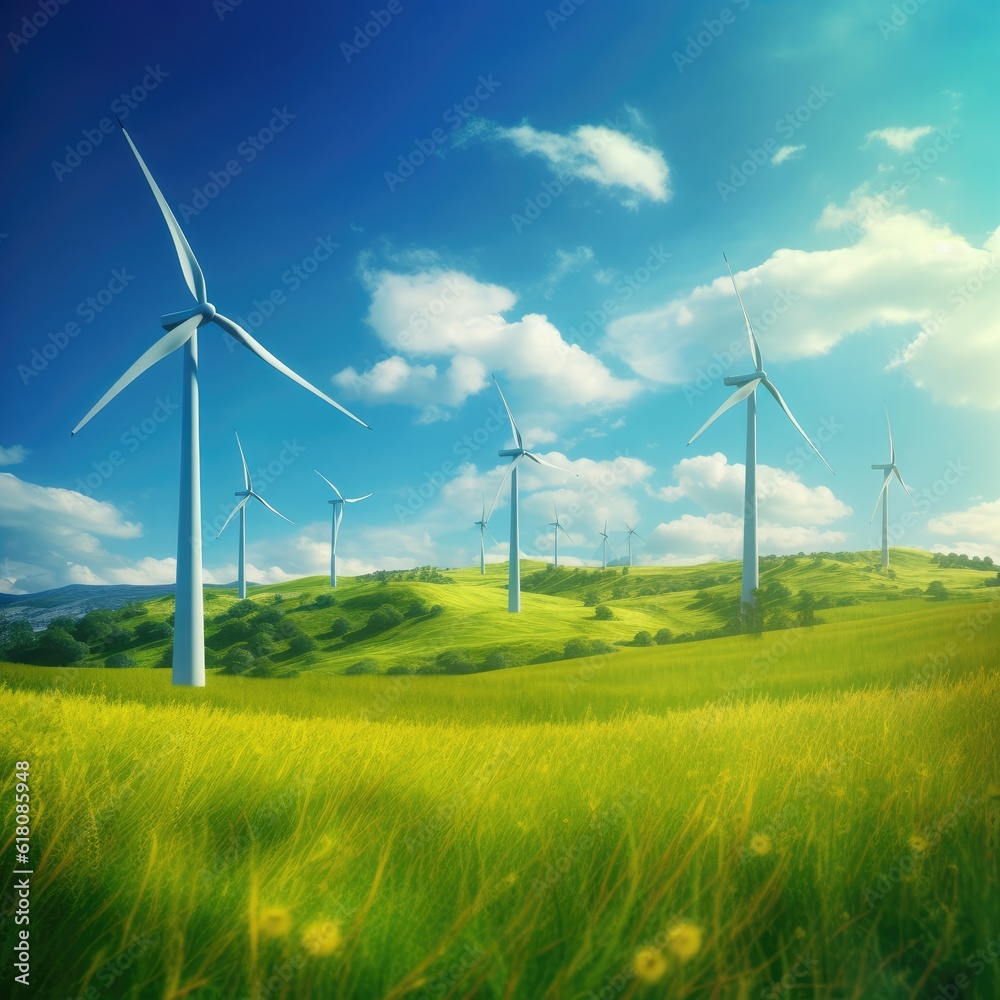 Wind turbine farm with blue sunny sky Generative Ai. Wind turbine farm with blue sunny sky Generative Ai.