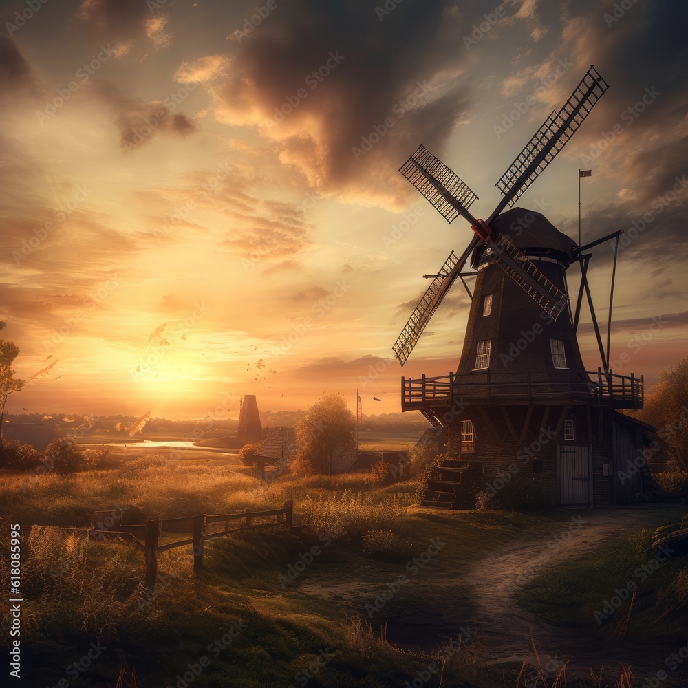 Old windmills generate energy with sunset light. Generative Ai.