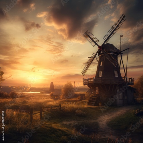 Old windmills generate energy with sunset light. Generative Ai.