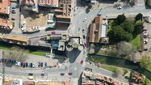 ew from above of Westgate Towers and surrounding roads in Canterbury, UK photo