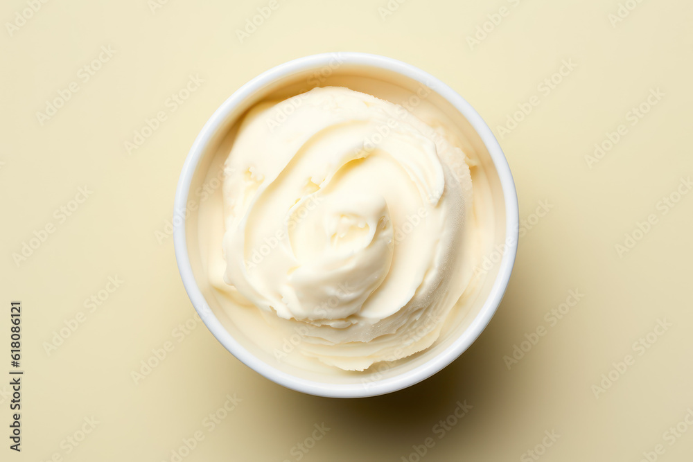 Top view of delicious vanilla milk ice cream in a round white vase isolated on a light pastel yellow background. Copy space for text. Generative AI photo. Top view of delicious vanilla milk ice cream in a round white vase isolated on a light pastel yellow background. Copy space for text. Generative AI photo.