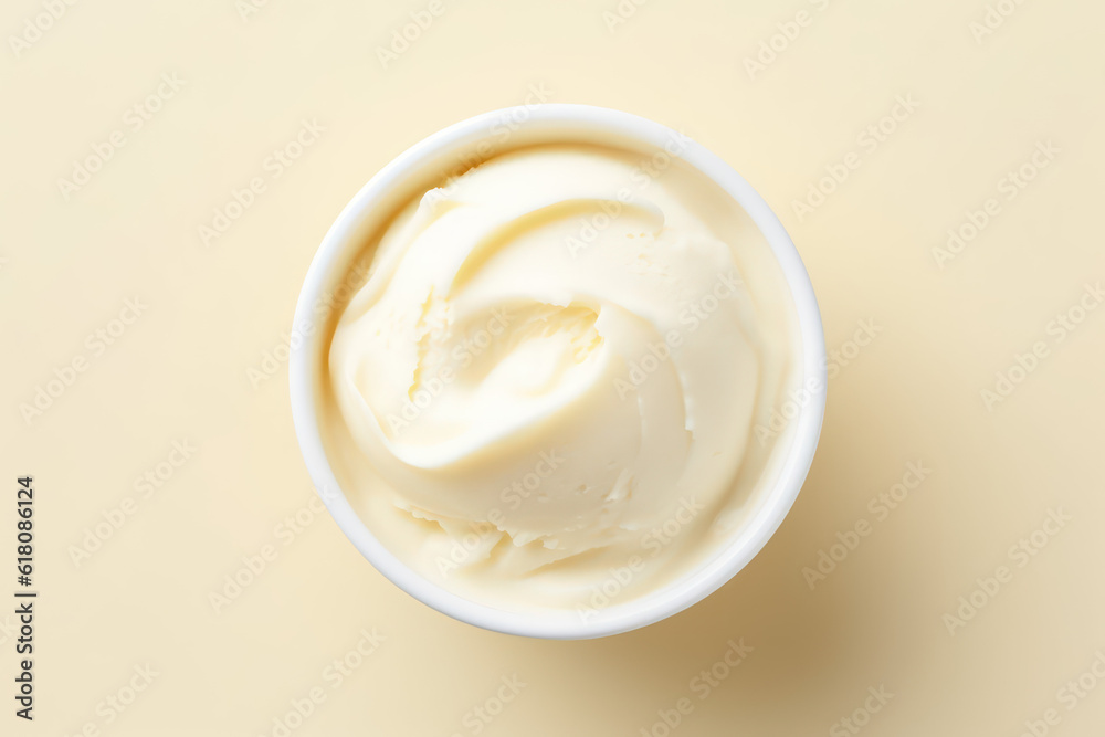Top view of delicious vanilla milk ice cream in a round white vase isolated on a light pastel yellow background. Copy space for text. Generative AI photo. Top view of delicious vanilla milk ice cream in a round white vase isolated on a light pastel yellow background. Copy space for text. Generative AI photo.