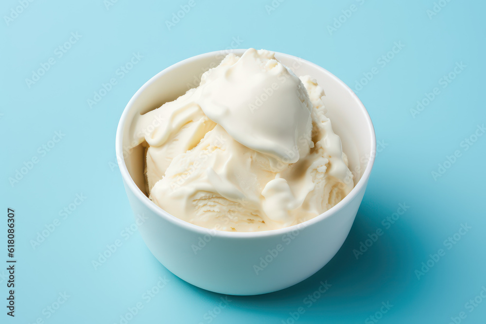 Above view of delicious vanilla milk ice cream in a round white vase isolated on a light pastel blue background. Copy space for text. Generative AI photo. Above view of delicious vanilla milk ice cream in a round white vase isolated on a light pastel blue background. Copy space for text. Generative AI photo.