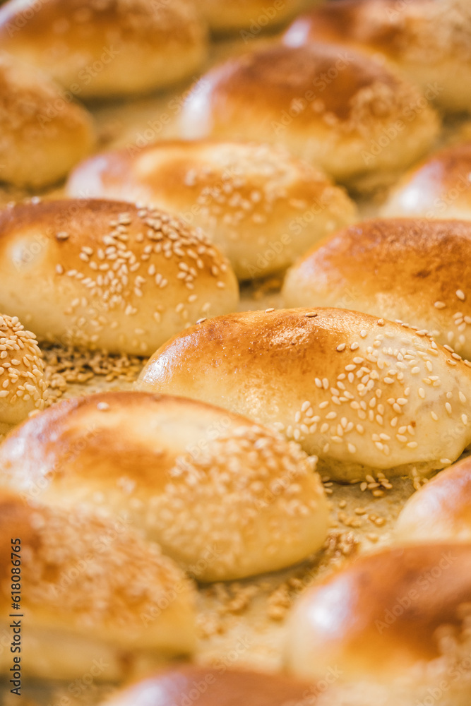 close-up of seeded buns on an industrial tray fresh from the oven in an Italian bakery.