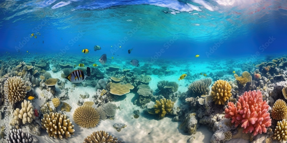 Fototapeta premium colorful coral reefs and flock of tropical Vivid vicious