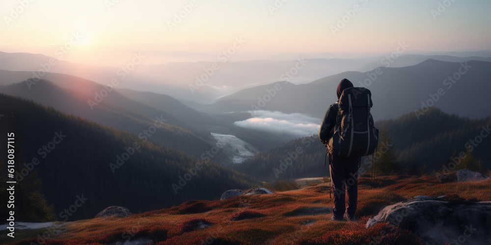 lonely hiker with backpack in mountains