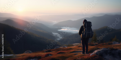lonely hiker with backpack in mountains