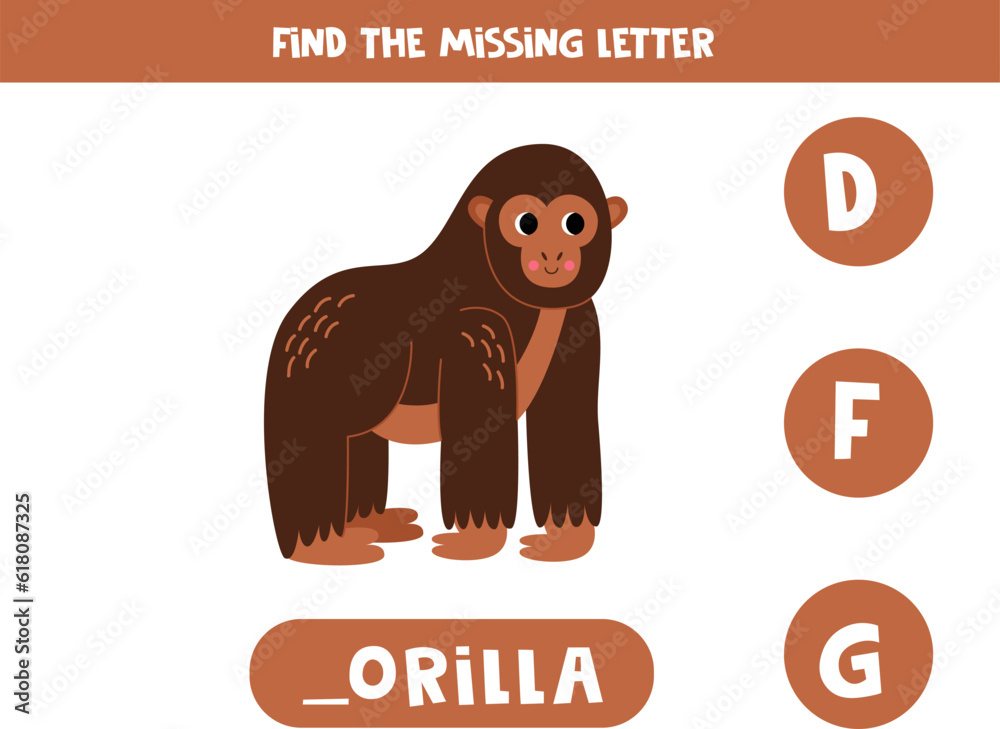 Obraz premium Find missing letter with cartoon gorilla. Spelling worksheet.