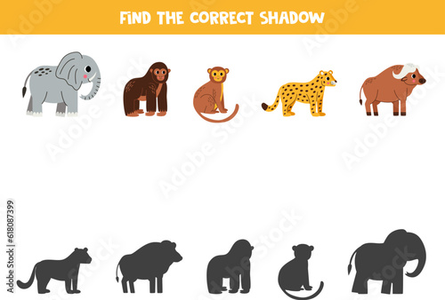 Find shadows of cute African animals. Educational logical game for kids.