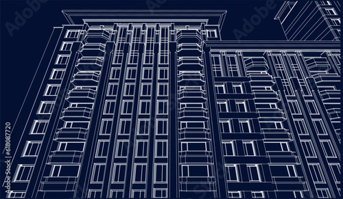 Illustration of an architectural hotel apartment facade, line drawing blueprint
