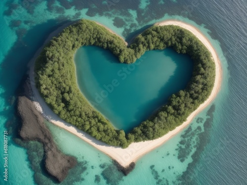 A top view of heart-shaped island in ocean