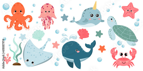 Set of sea and ocean underwater animals. Cute fish and wild marine cartoon animals. Undersea world. Octopus, whale, jellyfish, stingray, crab, shells, narwhal, starfish, turtle