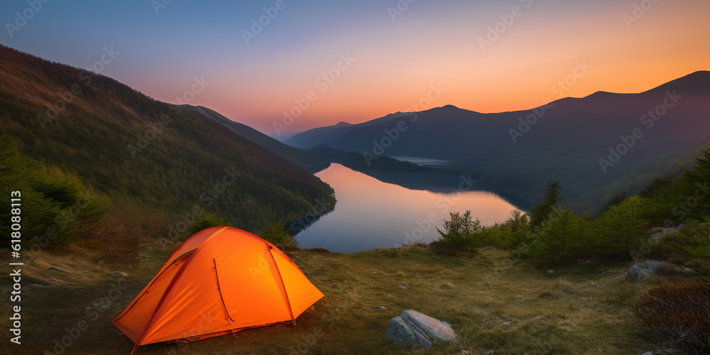 Orange tourist tent in mountains over Mountain Lake