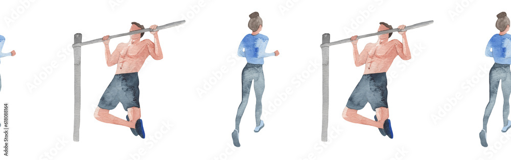 Sports at sunrise border.Running.Gymnastics.Morning gym.Watercolor sport isolated on white background.