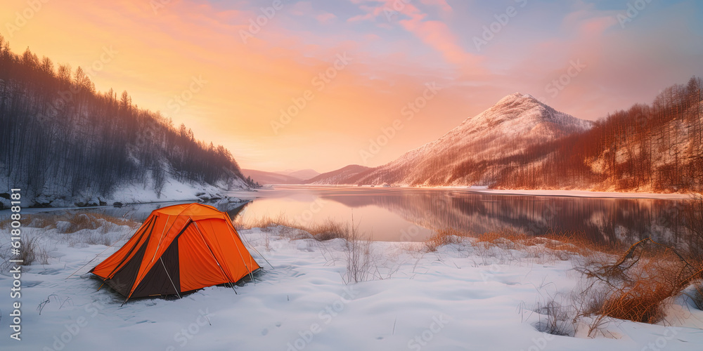 Lonely tourist orange tent on a snow near Mountain Lake