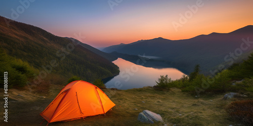 Orange tourist tent in mountains over Mountain Lake © tan4ikk