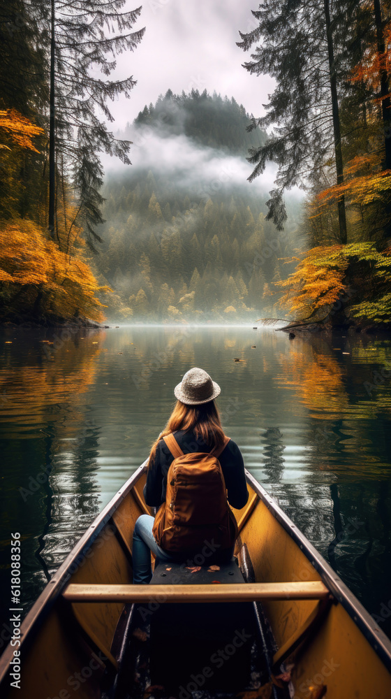 Young Woman in a Canoe on a Calm Lake During a Foggy Morning in the Autumn