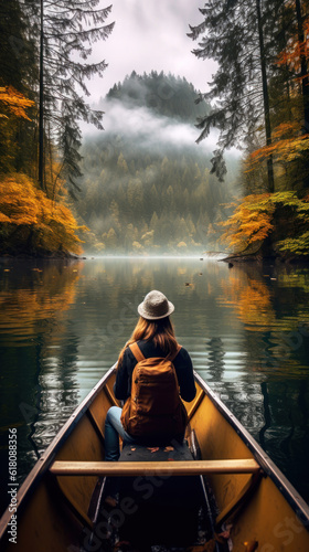 Young Woman in a Canoe on a Calm Lake During a Foggy Morning in the Autumn © Eirik Sørstrømmen