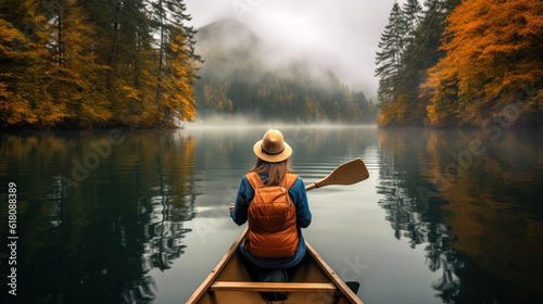 Young Woman in a Canoe on a Calm Lake During a Foggy Morning in the Autumn © Eirik Sørstrømmen