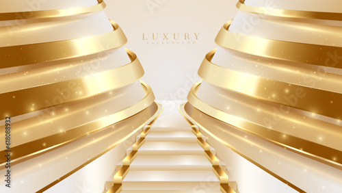 Luxury background with gold stairs corridor and glitter light effect with bokeh decorations.