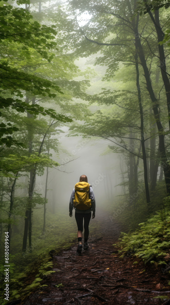 A Young Woman on a Hiking Trail in a Green Beech Forest