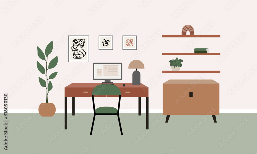 Vector flat illustration of work desk with chair, monitor, plants and other decor. Office room interior in scandinavian or japandi style Vector flat illustration of work desk with chair, monitor, plants and other decor. Office room interior in scandinavian or japandi style