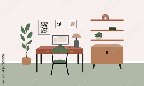 Vector flat illustration of work desk with chair, monitor, plants and other decor. Office room interior in scandinavian or japandi style