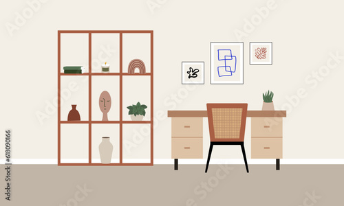 Interior of the office room. Vector flat illustration of work desk with chair  posters  plants and other decor. Scandinavian or japandi interior style