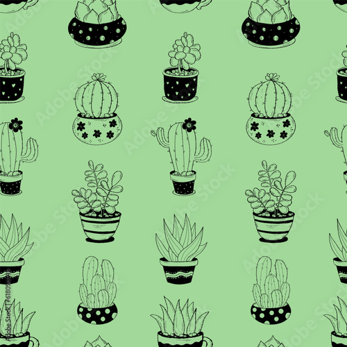Seamless pattern with flowerpots exotic cacti on green background. Vector illustration. Botanical endless background with indoor potted cactus flowers in doodle hand drawn style.
