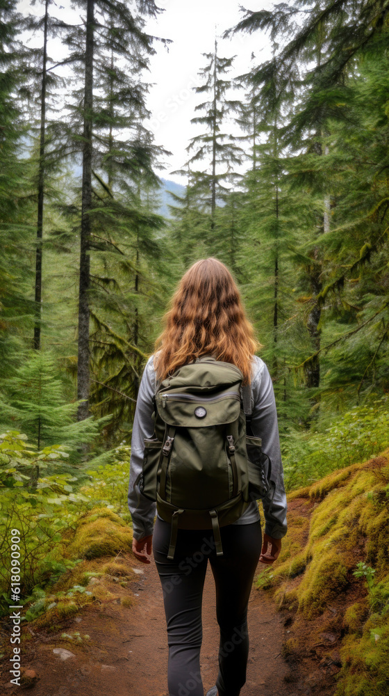 A Young Woman Hiking in a Green Conifer Forest
