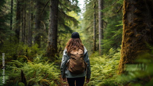 A Young Woman Hiking in a Green Conifer Forest © Eirik Sørstrømmen