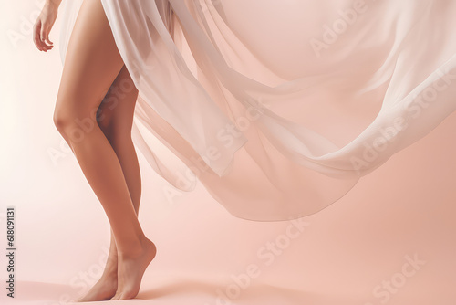 Smooth women's legs in a silk airy fall cloth. Pastel pink light colors, creative concept for effective hair removal, laser depilation. Generative AI photo . photo