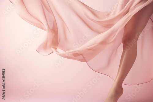 Smooth women's legs in a silk airy fall cloth. Pastel pink light colors, creative concept for effective hair removal, laser depilation. Generative AI photo .