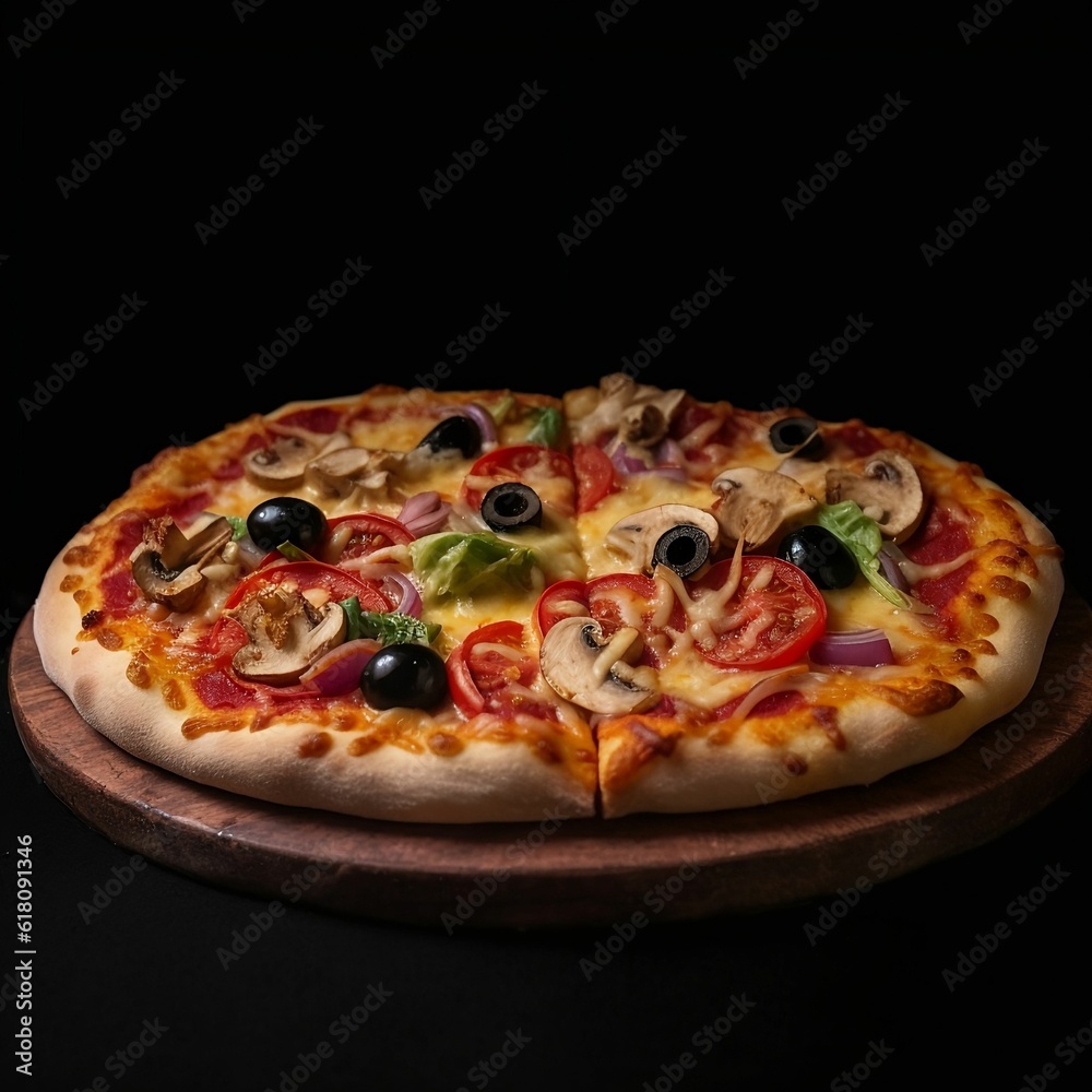 AI generated illustration of A pizza with a tomato-based sauce, topped with vegetables and spices