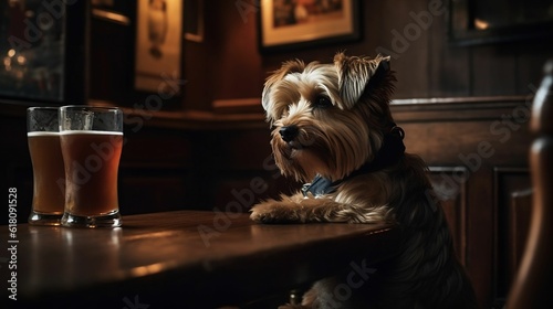 AI generated illustration of an adorable dog enjoying a cold beer in a lively pub atmosphere photo
