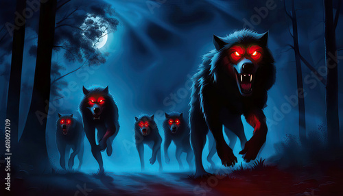 Obraz na plátně A pack of wolves or werewolves hunting Halloween digital art