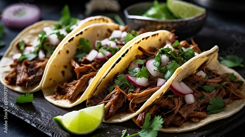 AI generated illustration of a plate of traditional mexican barbacoa tacos, with cilantro and onion photo