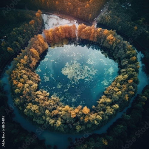 Top view of a reservoir filled with water located in the forest. Generative AI © annamaria