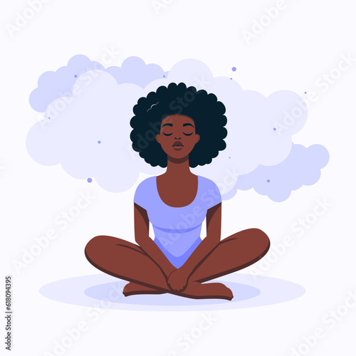 A black girl sits cross-legged and meditates, her eyes closed. Curly dark hair. Yoga, healthy lifestyle, relax. Vector illustration