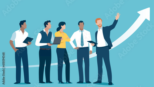 Ffinancial advice. Profit. A young man explains an investment strategy. Business vector illustration.
